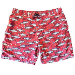 Vineyard Vines Mens‎ Shark Print Swim Trunks XL Red White Elastic Waist Unlined